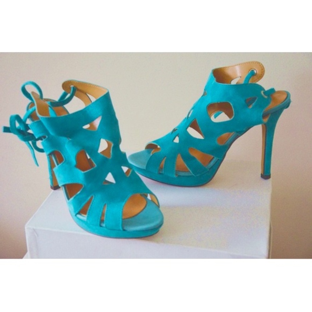 Made in Italy “Un Deux Trois” Teal Blue Stiletto Heel Sandals 39/8 New in Box
